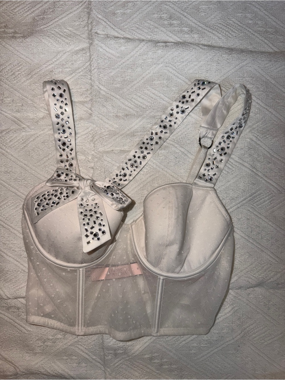Victoria's Secret White Embellished Longline Bra with Crystal Straps